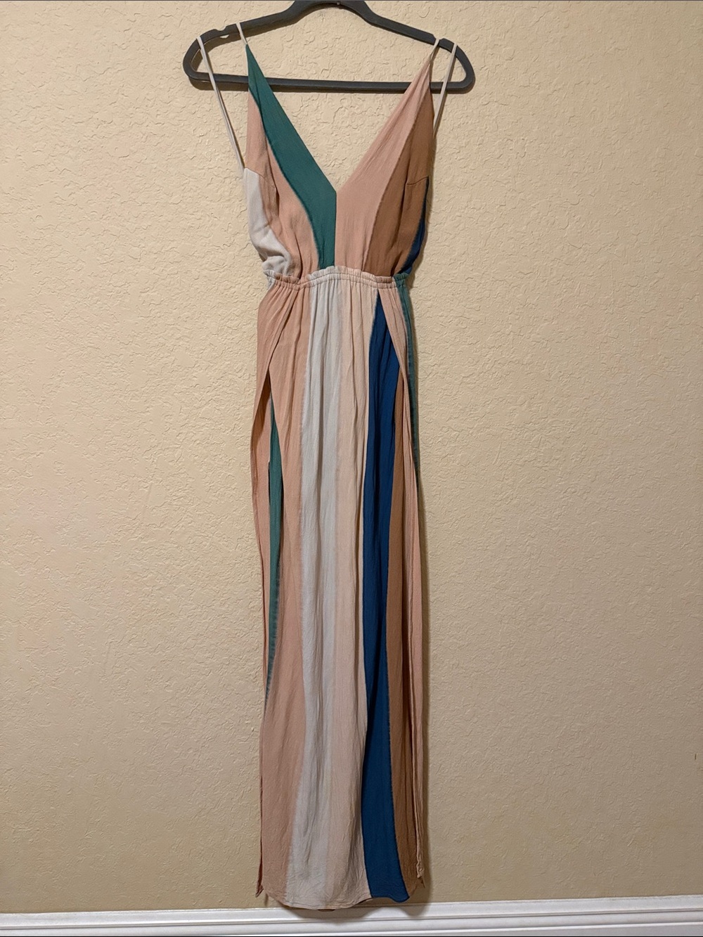 Indah Striped V-Neck Maxi Dress in Teal, Navy, Beige and Cream